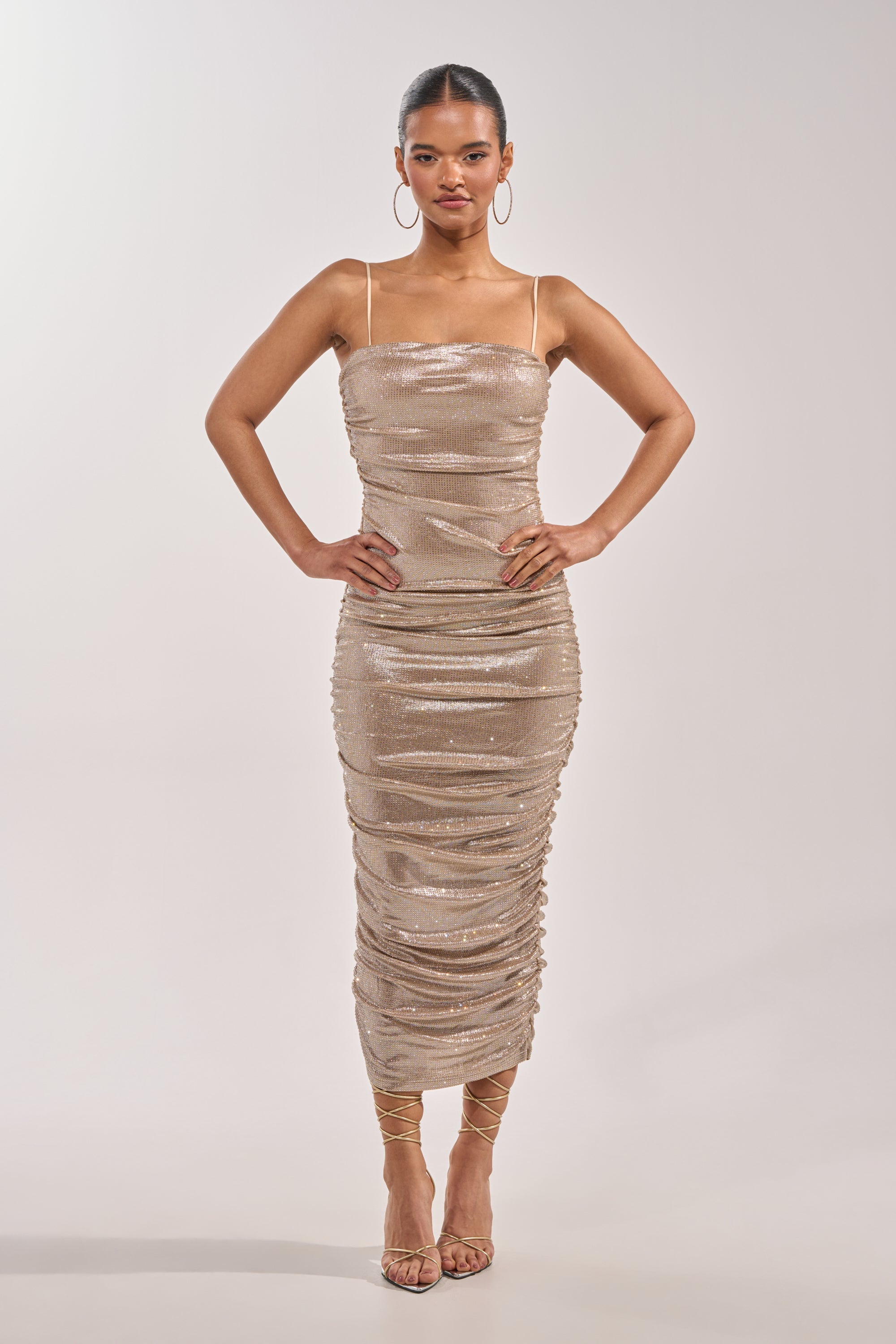 KILL THE LIGHTS STRAPLESS RHINESTONE MIDI DRESS IN CHAMPAGNE
