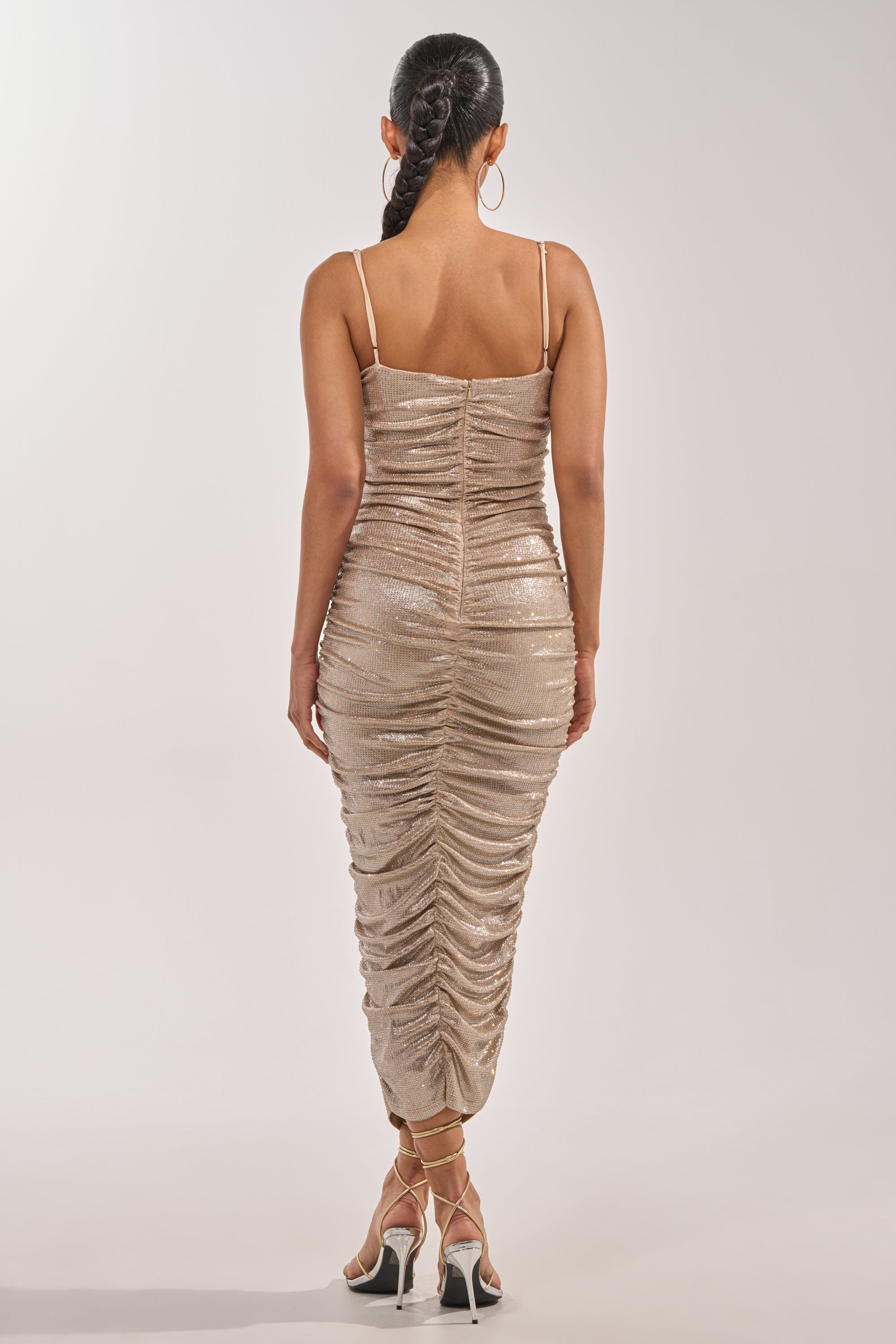 KILL THE LIGHTS STRAPLESS RHINESTONE MIDI DRESS IN CHAMPAGNE