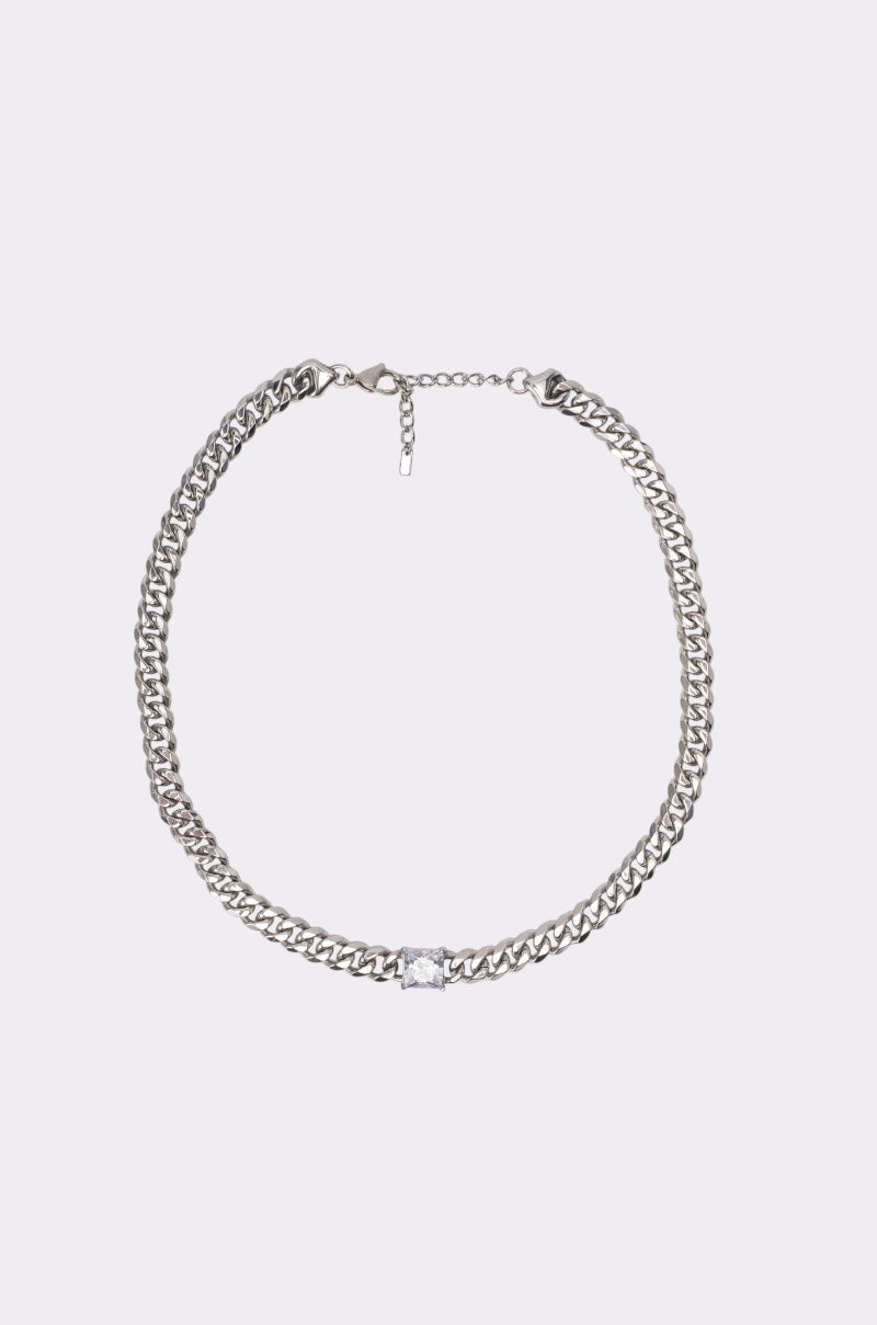 STAINLESS STEEL SQUARE CZ NECKLACE IN SILVER