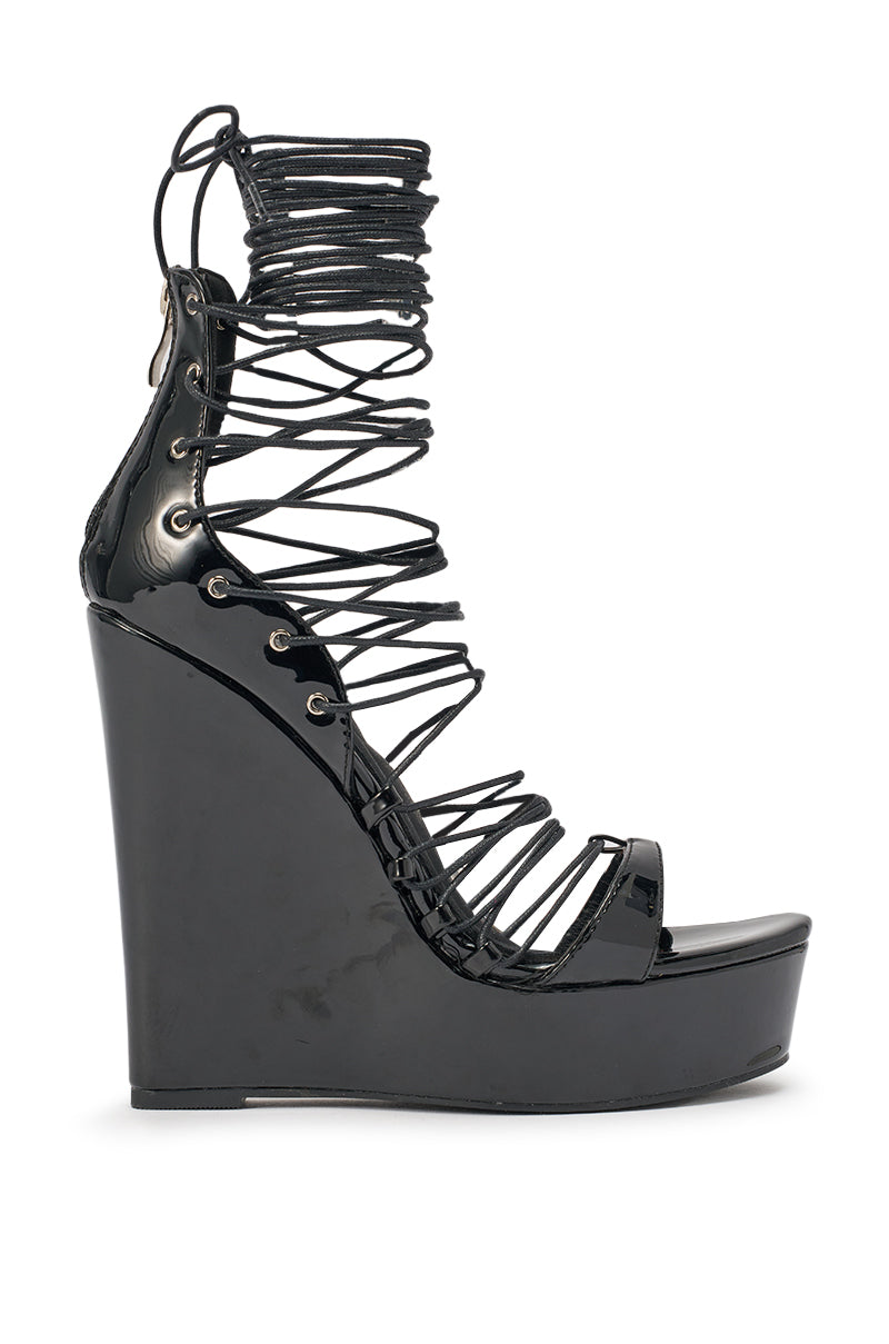 AKIRA GOLD TAVI BLACK SWEDGE SANDAL WITH LACE UP