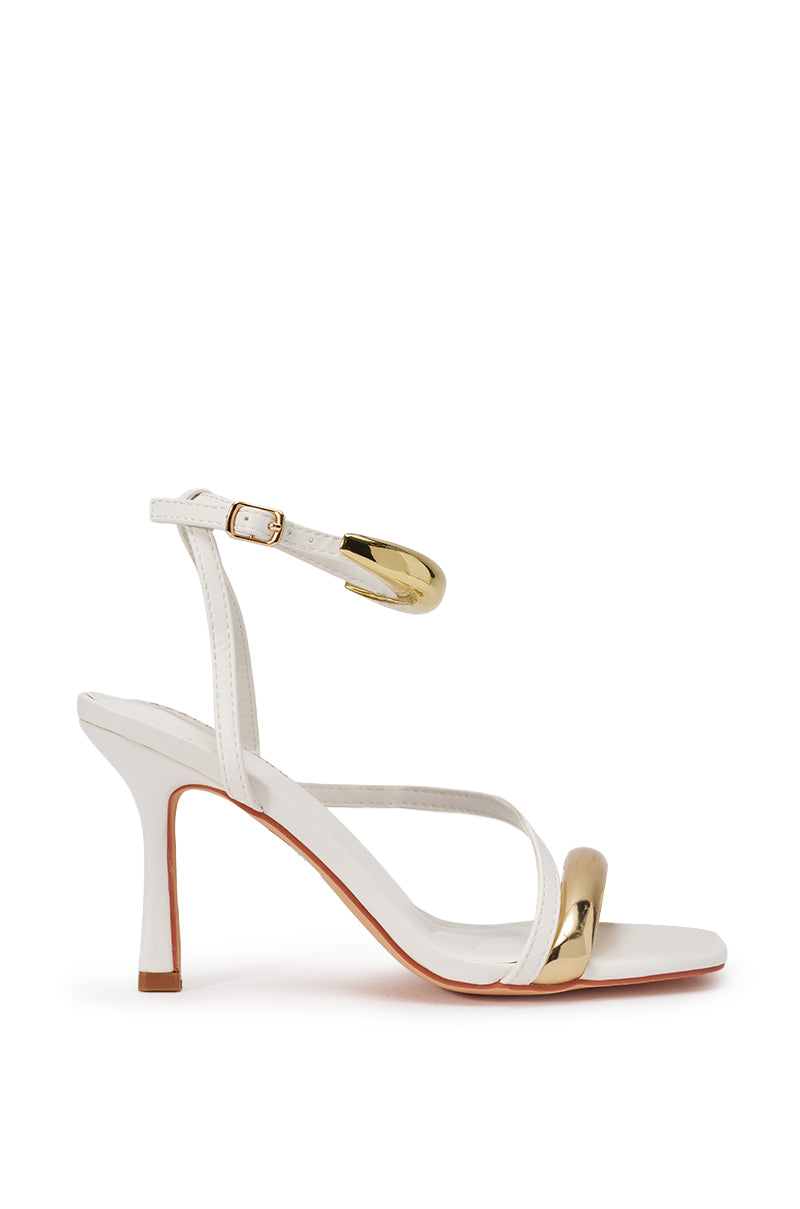 AZALEA WANG WHITE STRAPPY STILETTO AND GOLD HARDWARE SANDAL