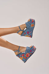AZALEA WANG TIALA DENIM FLORAL EMBROIDERED STRAP WEDGE SANDAL