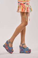 AZALEA WANG TIALA DENIM FLORAL EMBROIDERED STRAP WEDGE SANDAL
