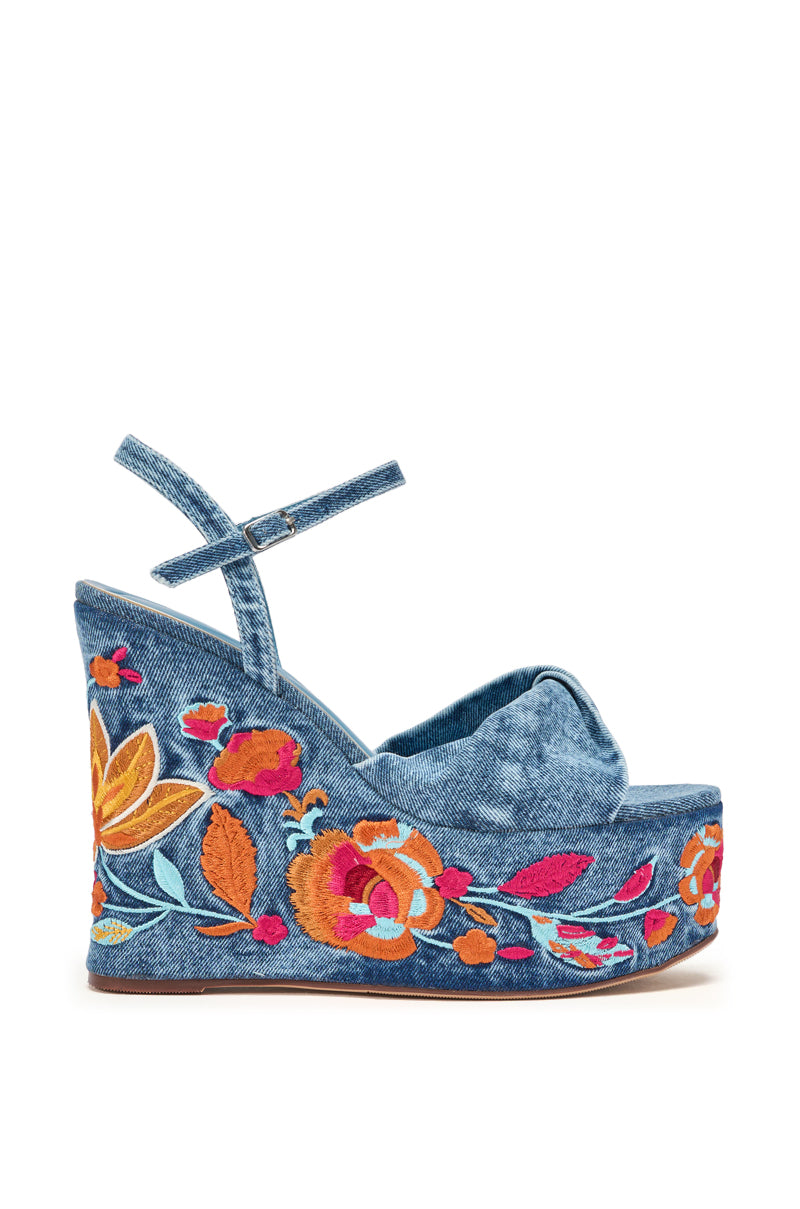 AZALEA WANG TIALA DENIM FLORAL EMBROIDERED STRAP WEDGE SANDAL