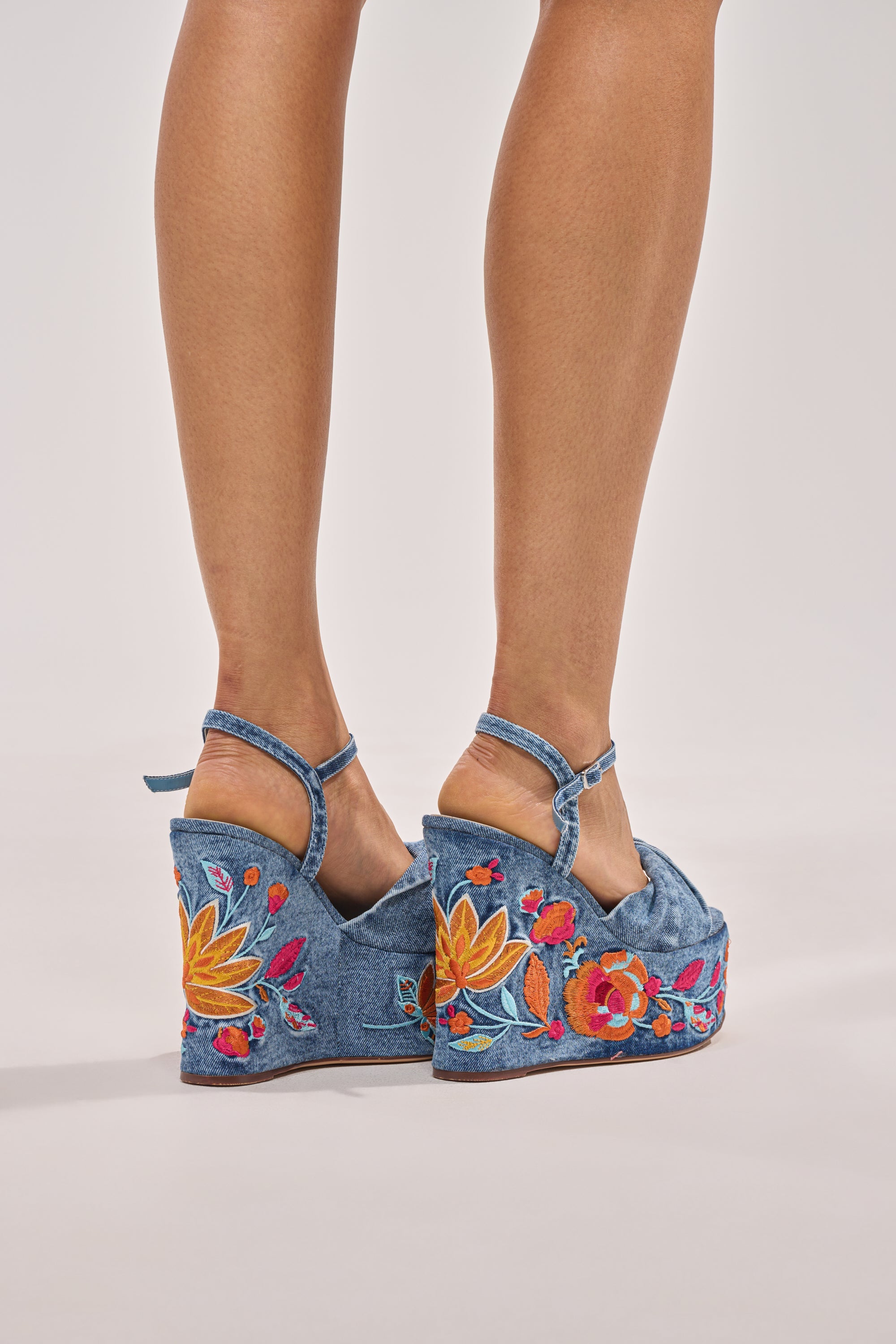 AZALEA WANG TIALA DENIM FLORAL EMBROIDERED STRAP WEDGE SANDAL