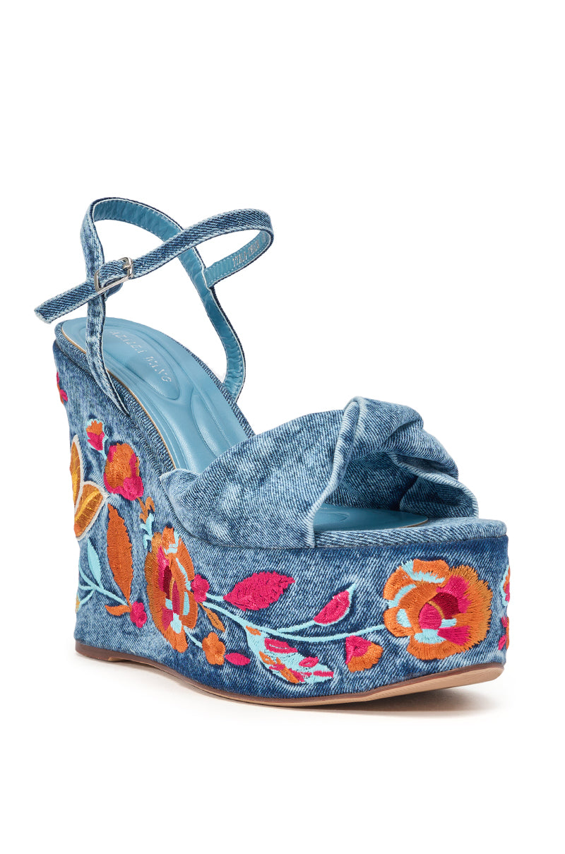 AZALEA WANG TIALA DENIM FLORAL EMBROIDERED STRAP WEDGE SANDAL