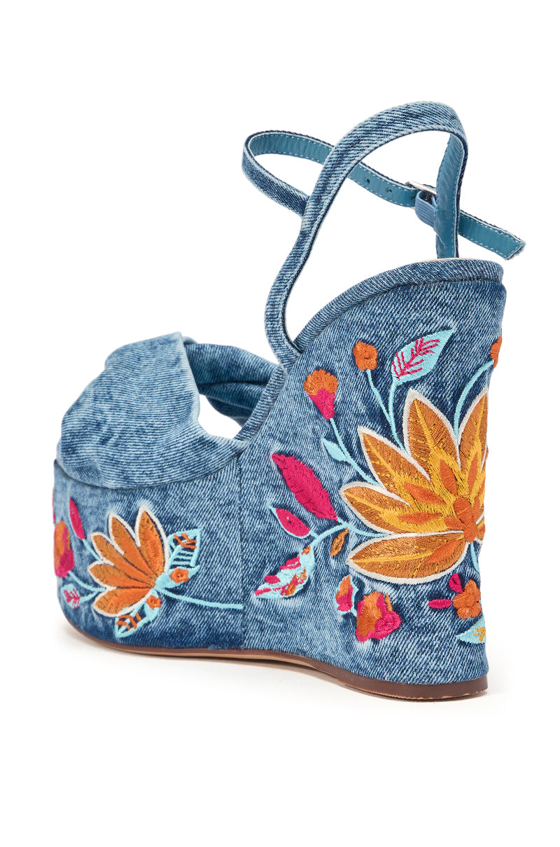 AZALEA WANG TIALA DENIM FLORAL EMBROIDERED STRAP WEDGE SANDAL