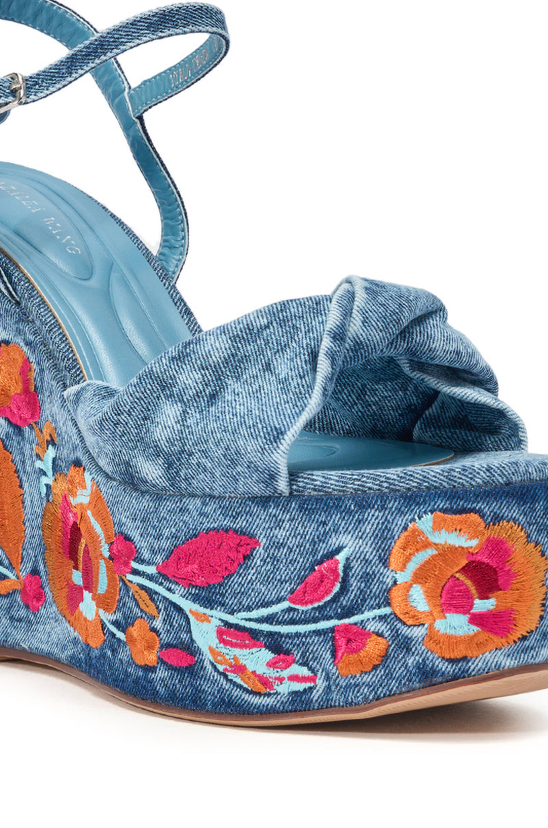 AZALEA WANG TIALA DENIM FLORAL EMBROIDERED STRAP WEDGE SANDAL