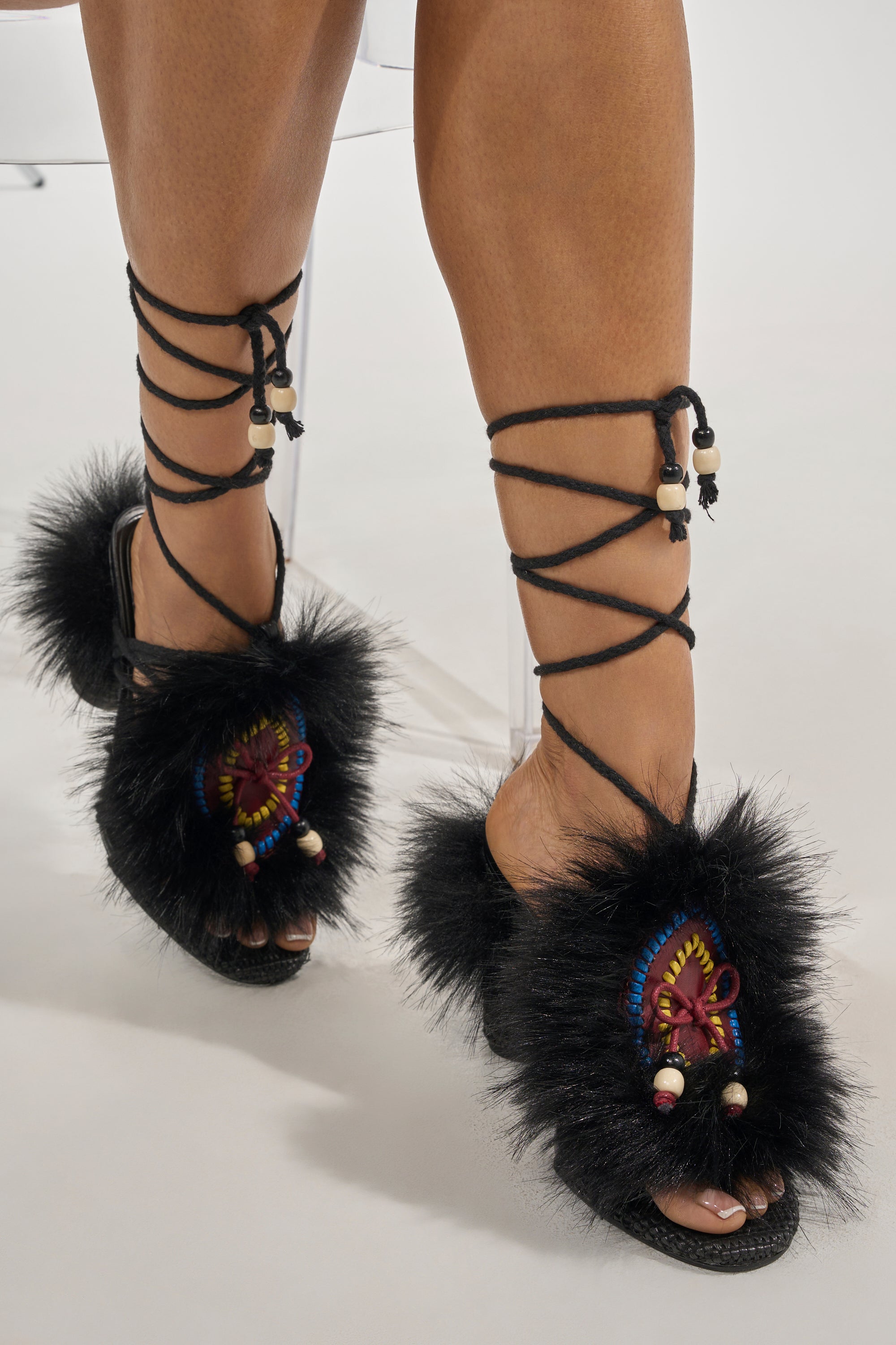 AKIRA GOLD UMIKA BLACK FUR BLOCK SANDAL
