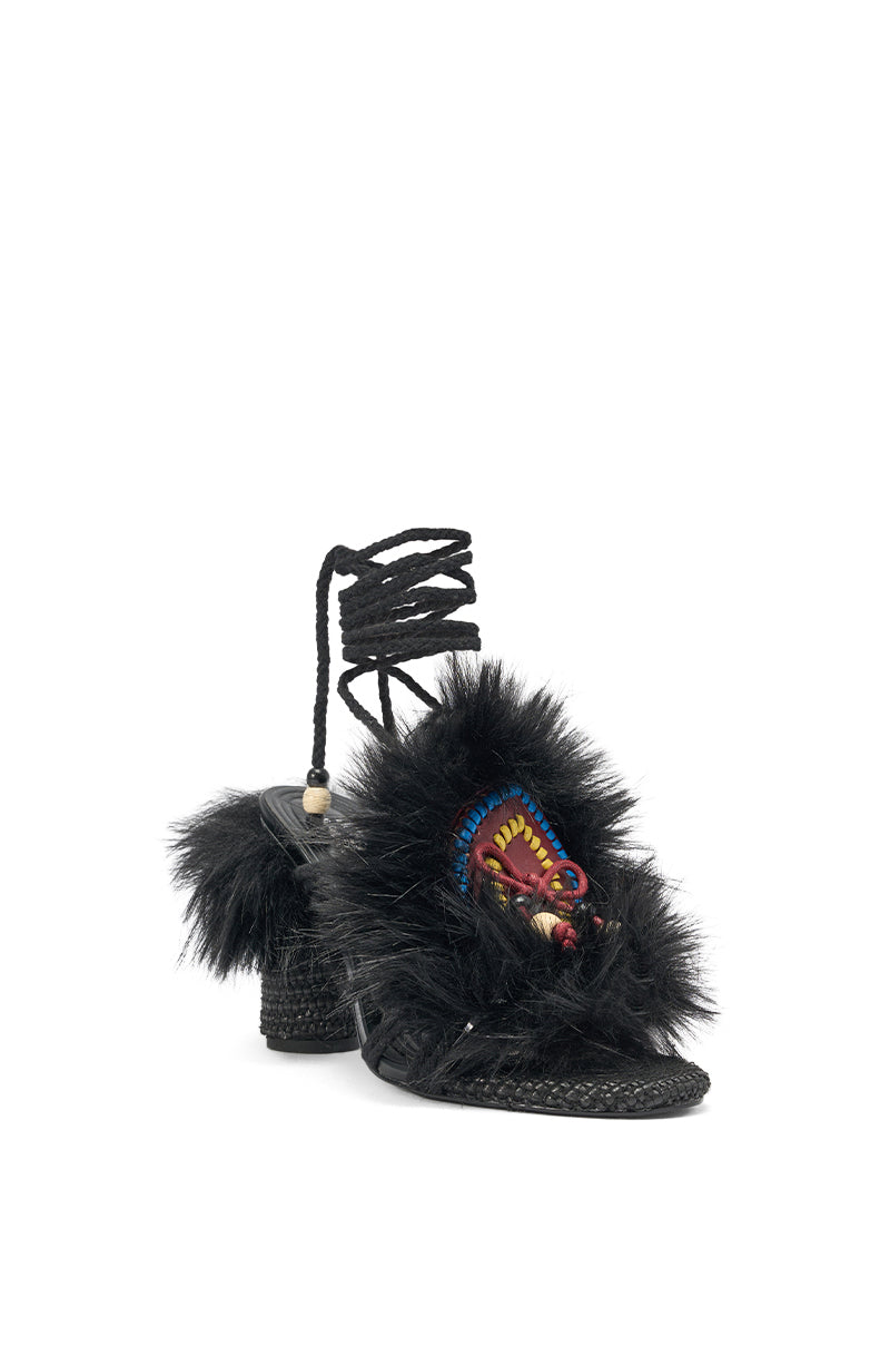 AKIRA GOLD UMIKA BLACK FUR BLOCK SANDAL