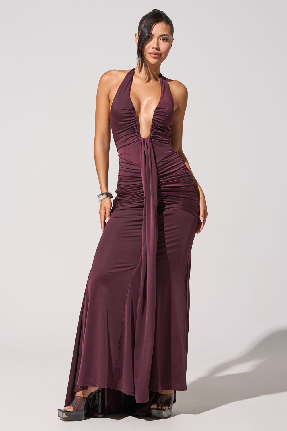 SET THE MOOD MESH HALTER MAXI DRESS