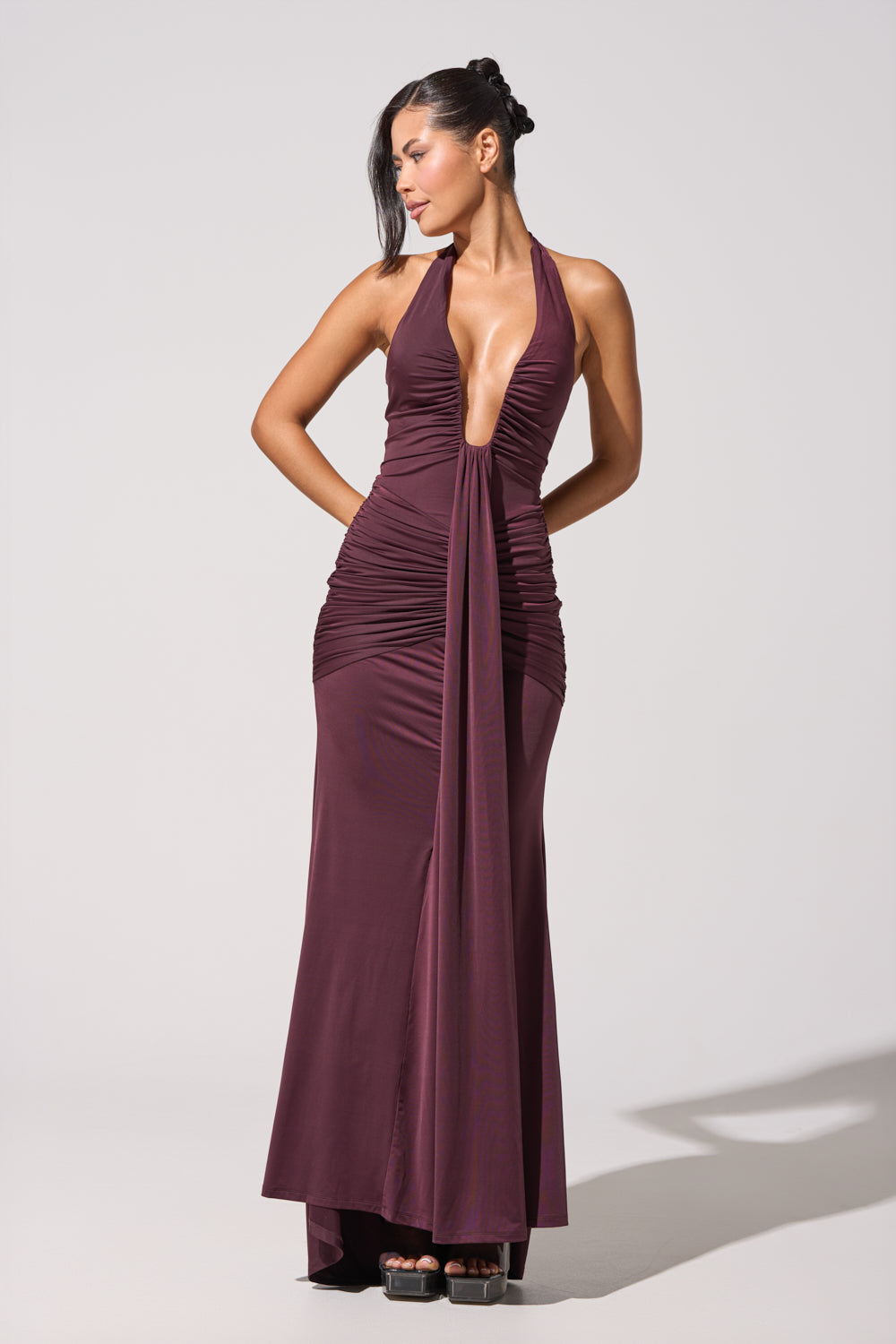 SET THE MOOD MESH HALTER MAXI DRESS