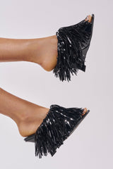AZALEA WANG VAILYN BLACK FRINGE PU WEDGE SANDAL