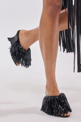 AZALEA WANG VAILYN BLACK FRINGE PU WEDGE SANDAL
