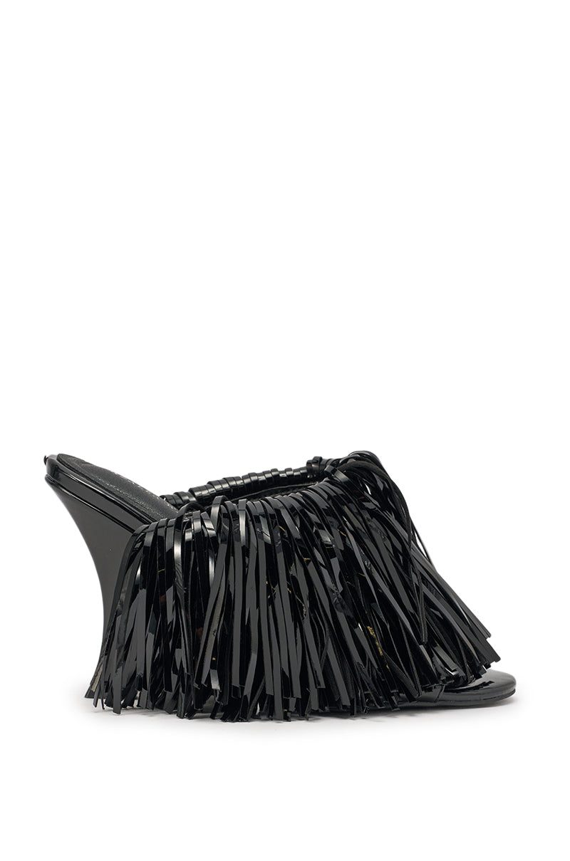 AZALEA WANG VAILYN BLACK FRINGE PU WEDGE SANDAL