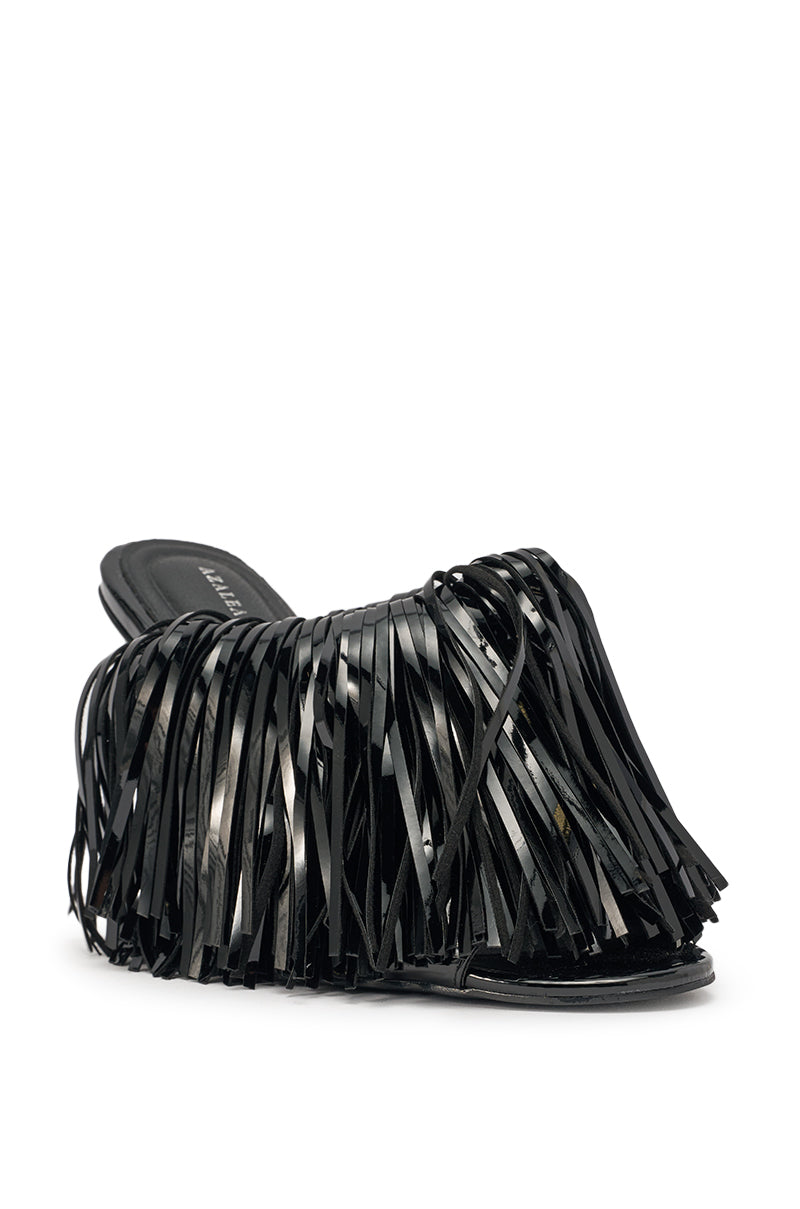 AZALEA WANG VAILYN BLACK FRINGE PU WEDGE SANDAL