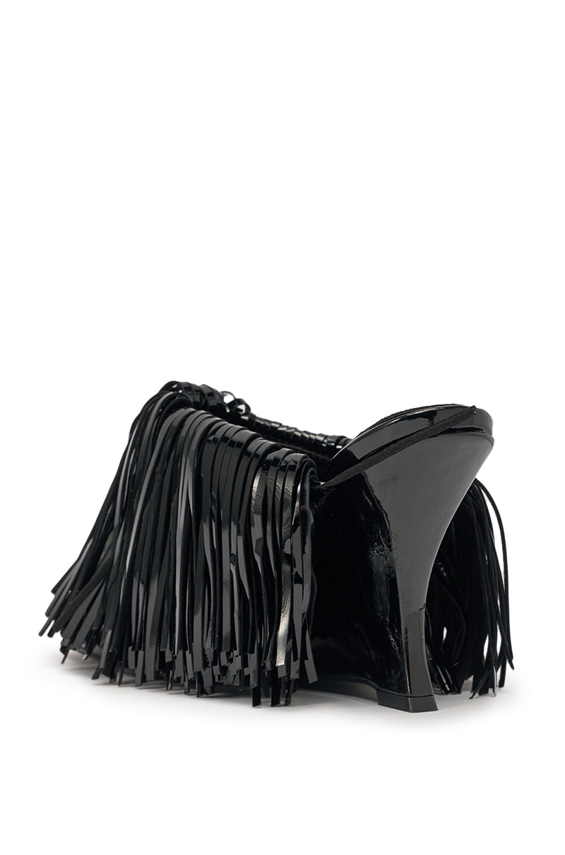 AZALEA WANG VAILYN BLACK FRINGE PU WEDGE SANDAL