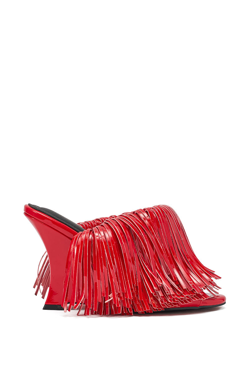 AZALEA WANG VAILYN RED FRINGE PU WEDGE SANDAL