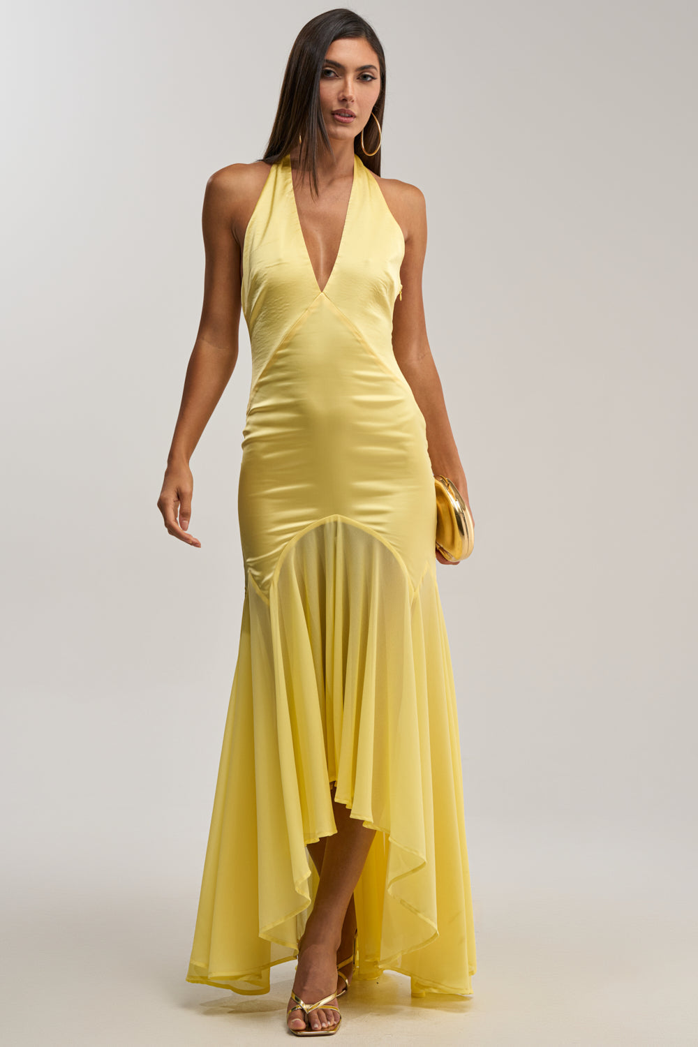 BET YOU WON'T SATIN MIDI DRESS IN YELLOW