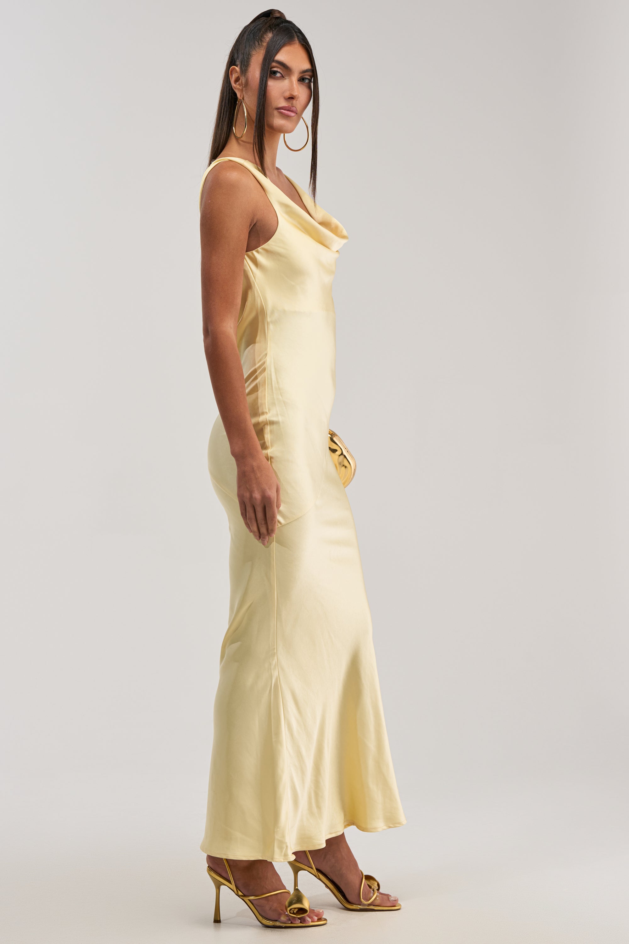 SOFT LAUNCH SATIN MAXI DRESS IN BUTTER YELLOW