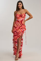HANDLE WITH CARE ABSTRACT MIDI DRESS IN ORANGE