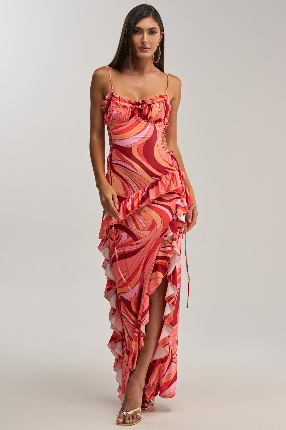 HANDLE WITH CARE ABSTRACT MIDI DRESS IN ORANGE