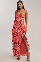 HANDLE WITH CARE ABSTRACT MIDI DRESS IN ORANGE