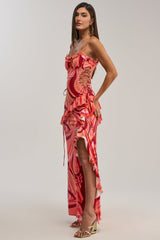 HANDLE WITH CARE ABSTRACT MIDI DRESS IN ORANGE
