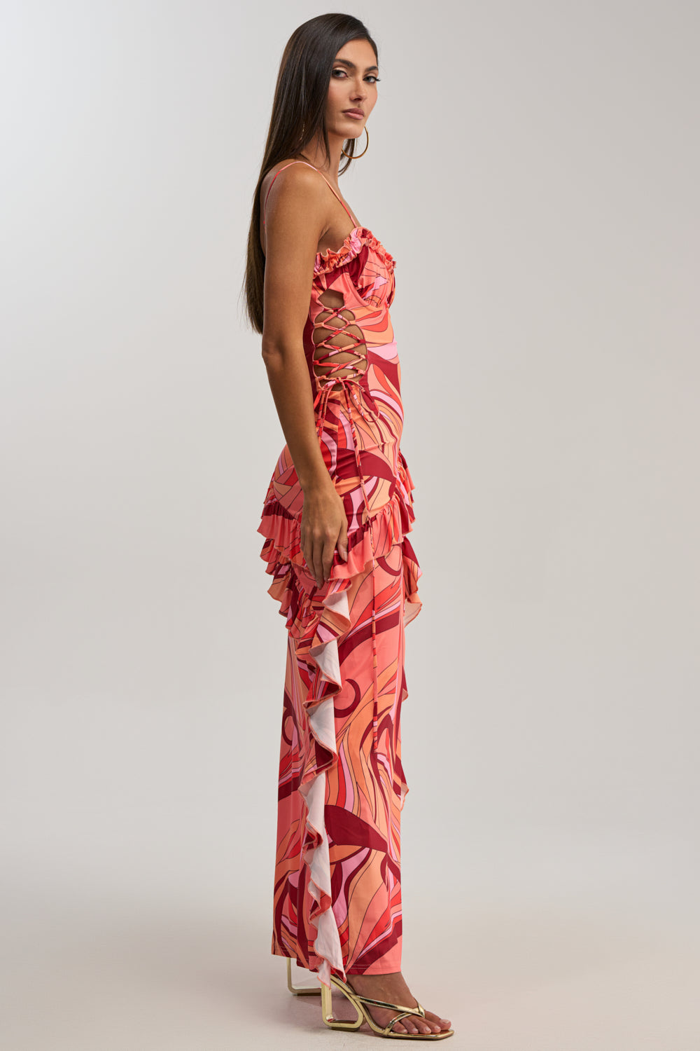 HANDLE WITH CARE ABSTRACT MIDI DRESS IN ORANGE