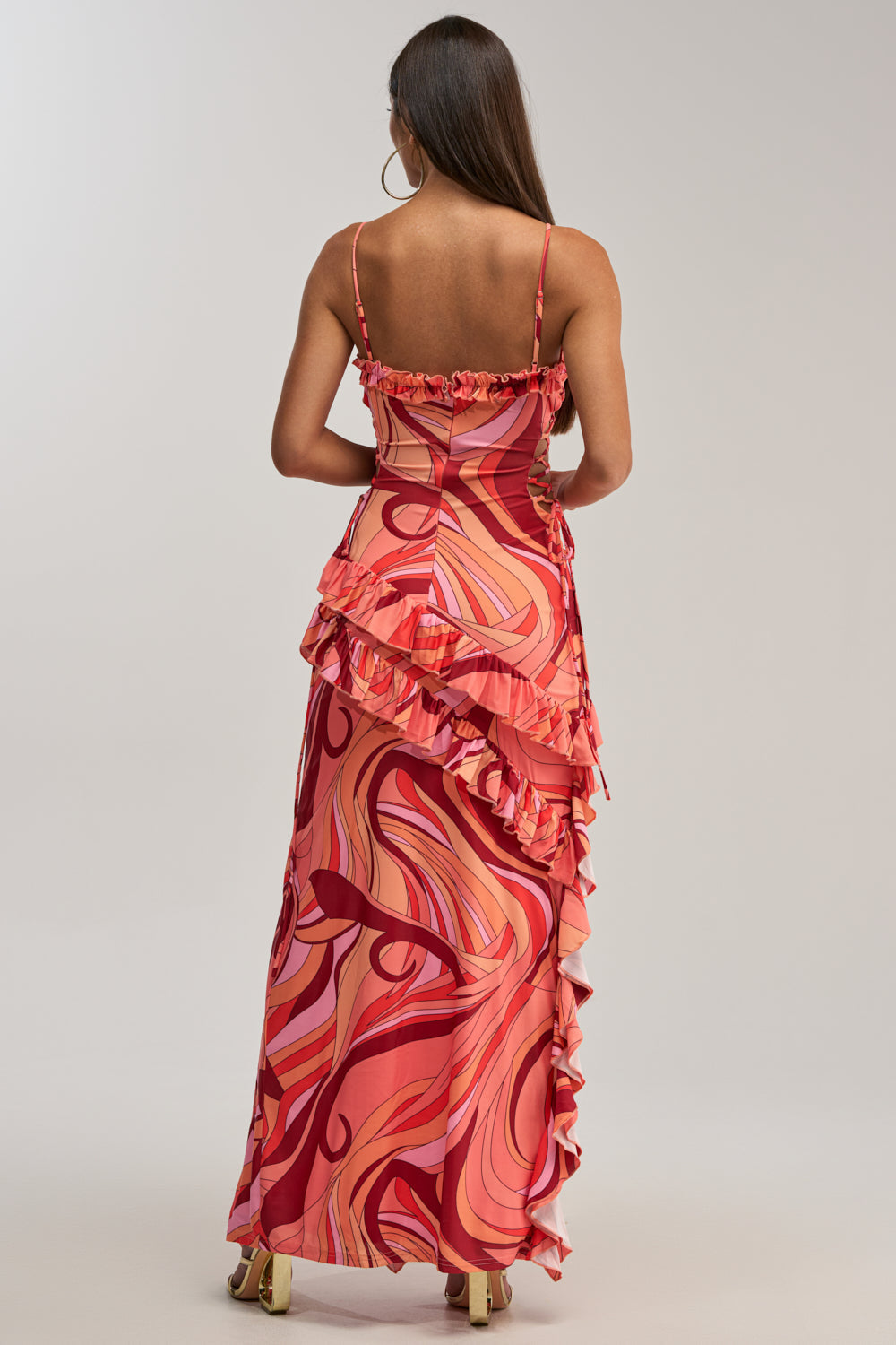 HANDLE WITH CARE ABSTRACT MIDI DRESS IN ORANGE