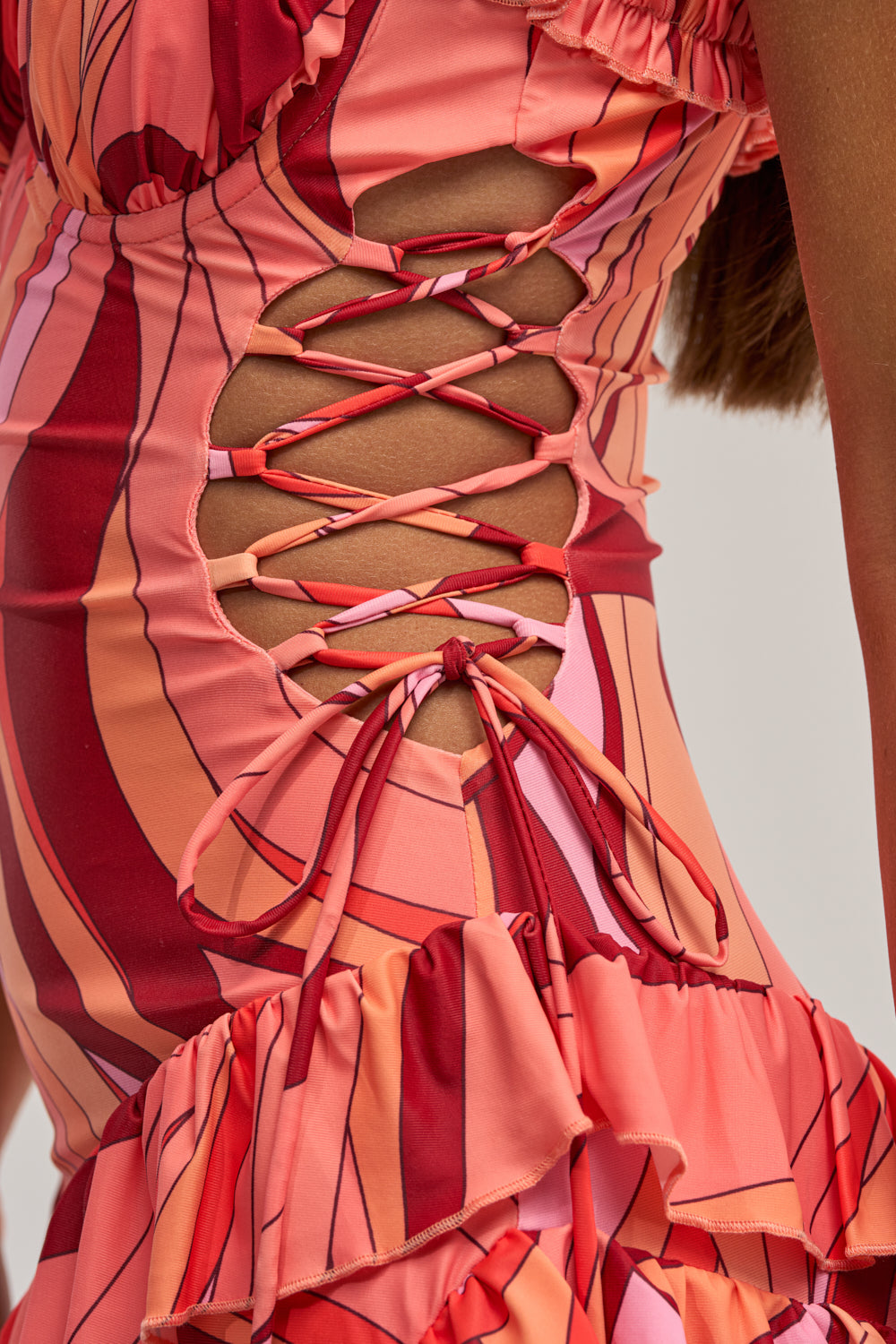 HANDLE WITH CARE ABSTRACT MIDI DRESS IN ORANGE