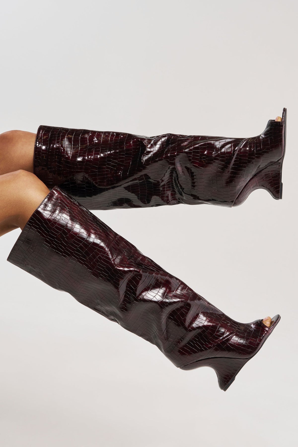 AZALEA WANG VINCENT BURGUNDY CROC OPEN TOE WEDGE BOOT
