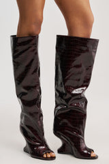 AZALEA WANG VINCENT BURGUNDY CROC OPEN TOE WEDGE BOOT