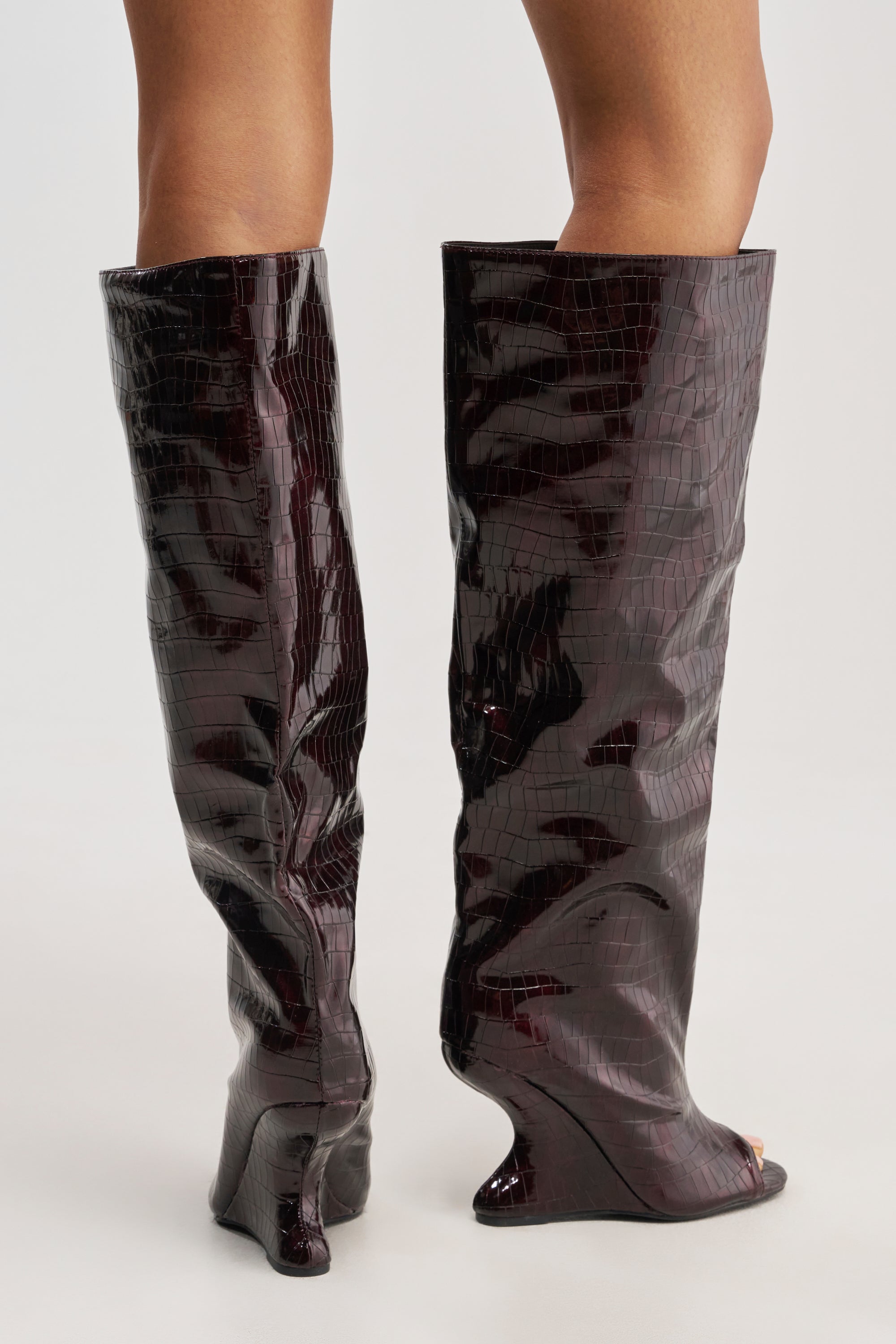 AZALEA WANG VINCENT BURGUNDY CROC OPEN TOE WEDGE BOOT