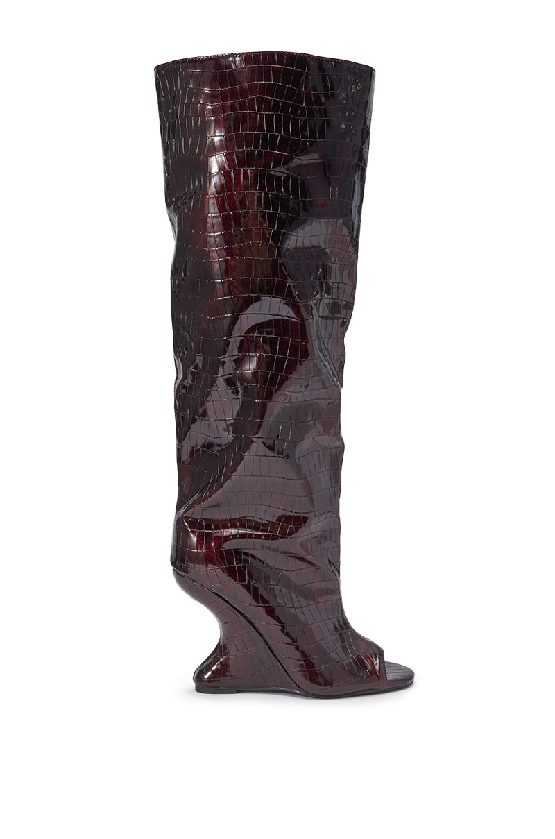 AZALEA WANG VINCENT BURGUNDY CROC OPEN TOE WEDGE BOOT