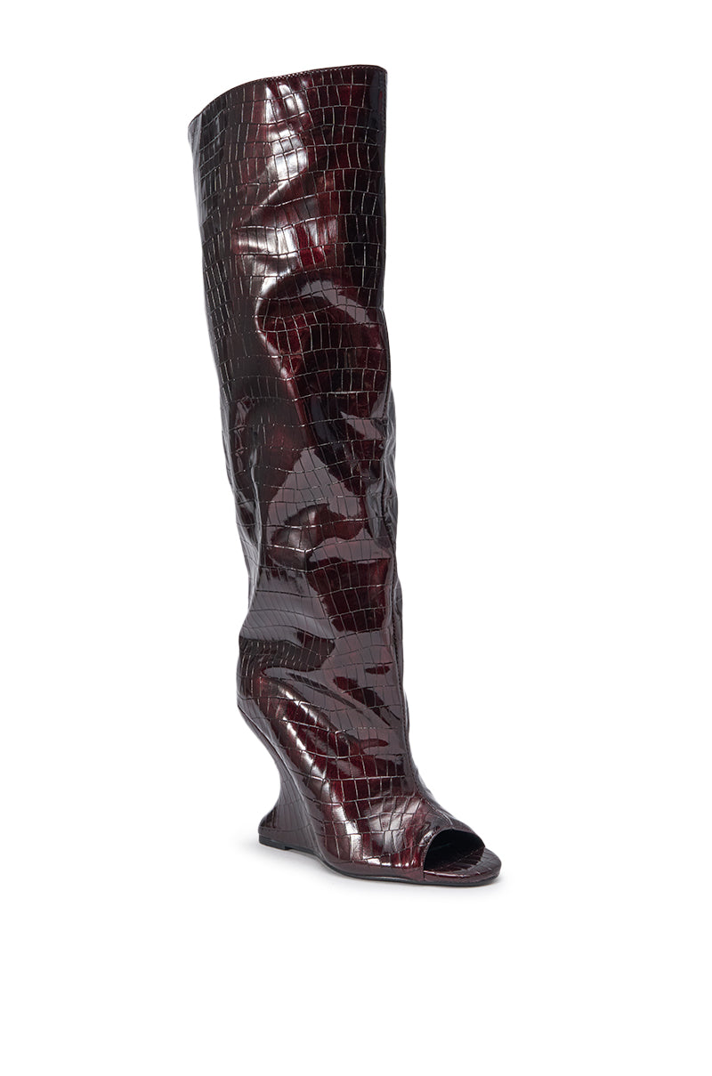 AZALEA WANG VINCENT BURGUNDY CROC OPEN TOE WEDGE BOOT
