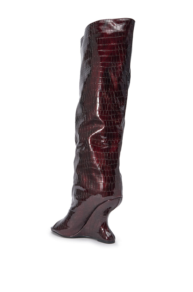 AZALEA WANG VINCENT BURGUNDY CROC OPEN TOE WEDGE BOOT