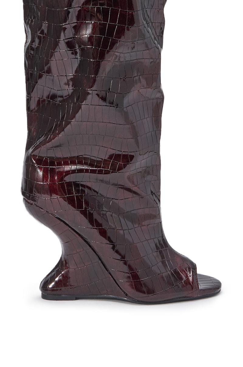 AZALEA WANG VINCENT BURGUNDY CROC OPEN TOE WEDGE BOOT