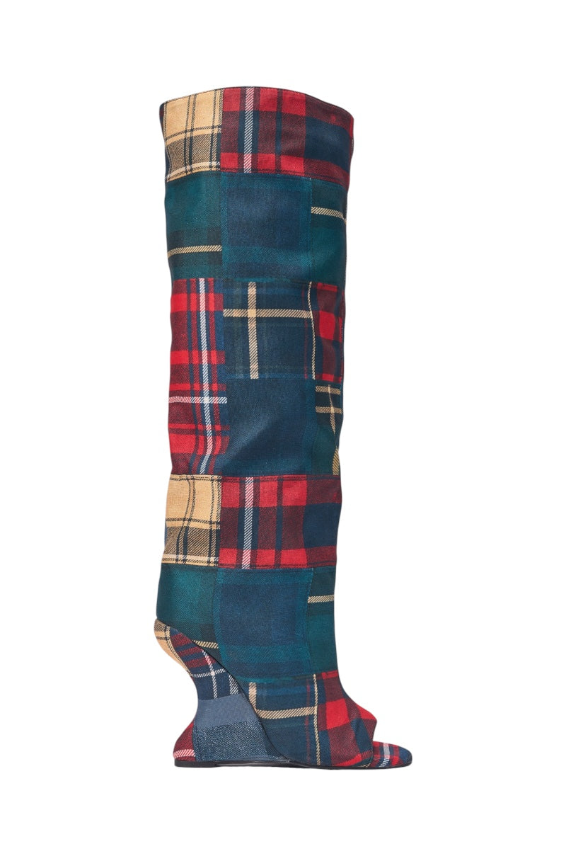 AZALEA WANG VINCENT PLAID PRINTED OPEN TOE BOOT