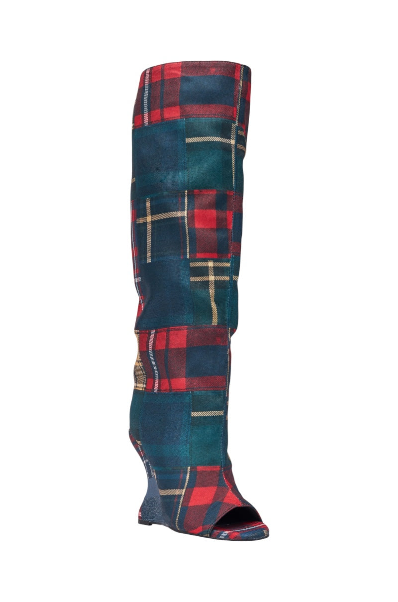 AZALEA WANG VINCENT PLAID PRINTED OPEN TOE BOOT
