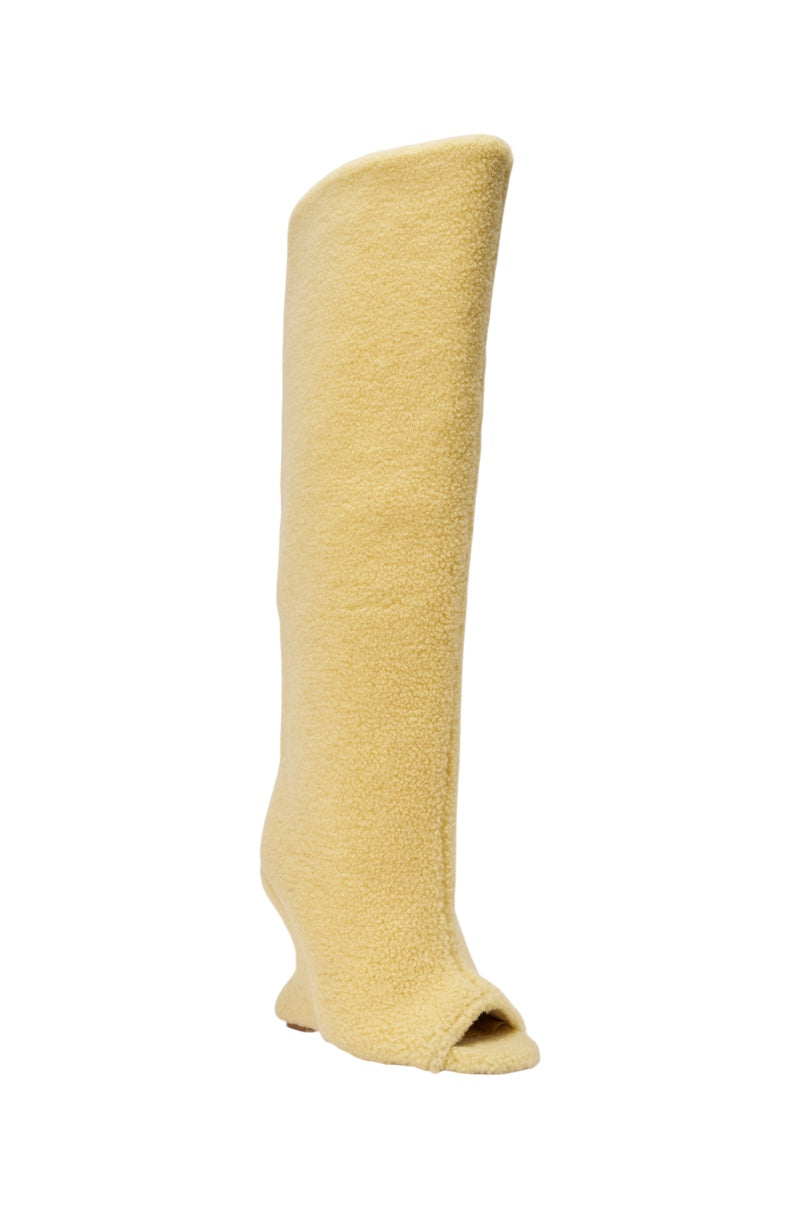 AKIRA GOLD VINCENT SHERPA CREAM OPEN TOE WEDGE BOOT