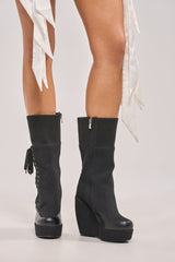 AKIRA WHATEVER BLACK CANVAS WEDGE BOOTIE