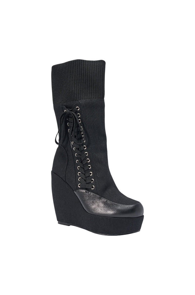 AKIRA WHATEVER BLACK CANVAS WEDGE BOOTIE