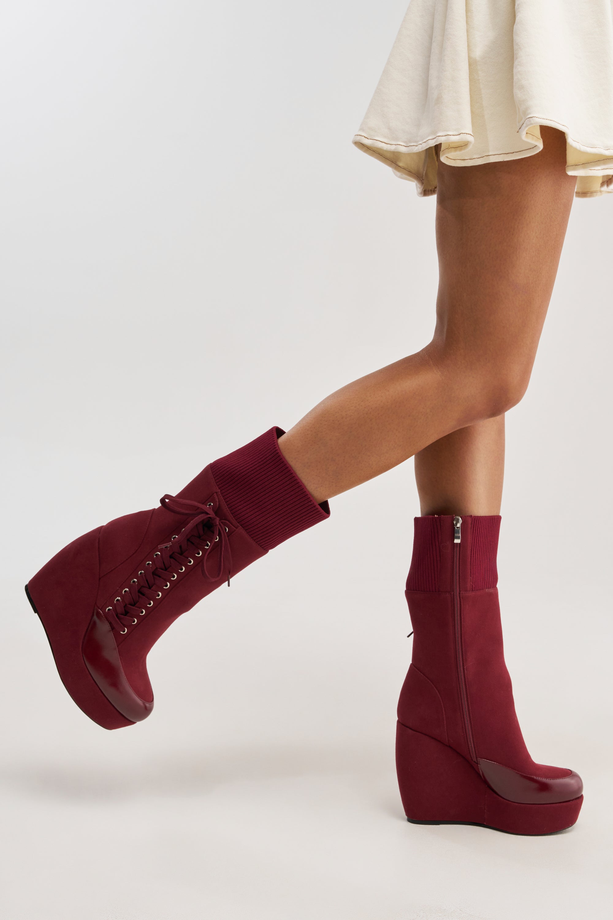 AKIRA GOLD WHATEVER BURGUNDY CANVAS WEDGE BOOTIE