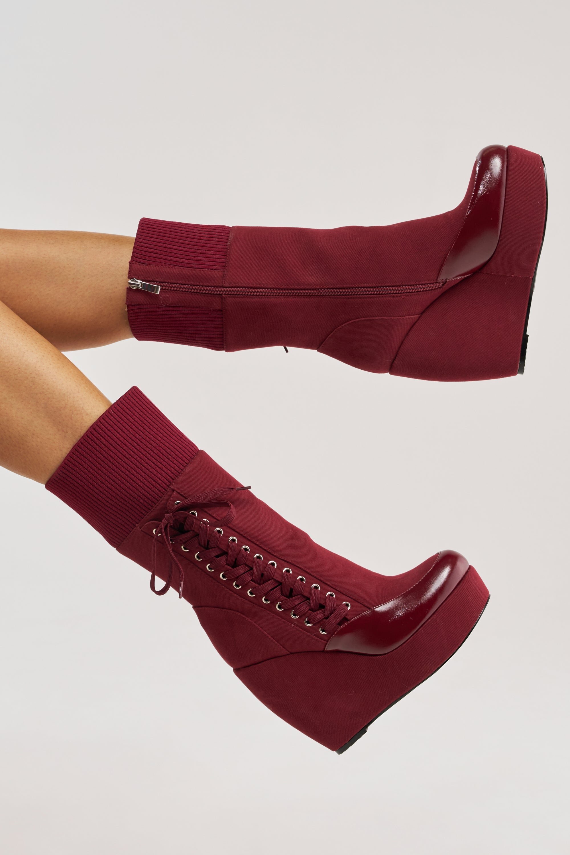 AKIRA GOLD WHATEVER BURGUNDY CANVAS WEDGE BOOTIE