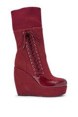 AKIRA GOLD WHATEVER BURGUNDY CANVAS WEDGE BOOTIE