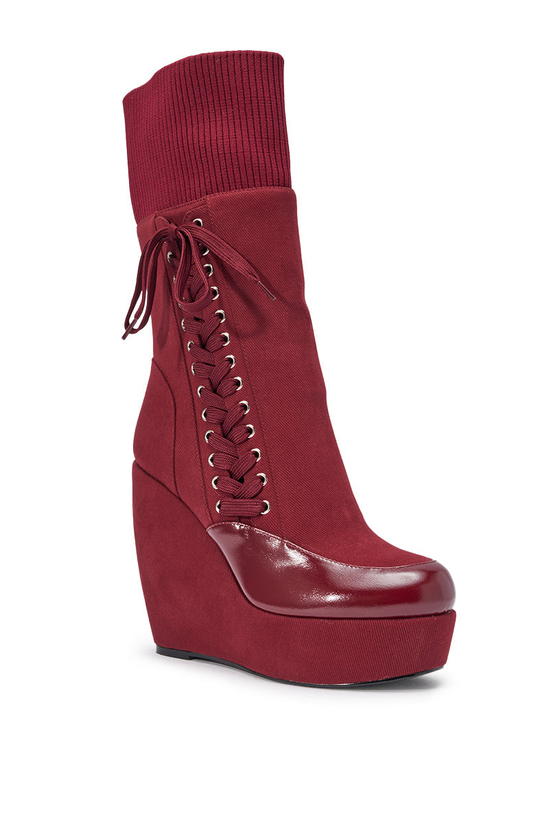 AKIRA GOLD WHATEVER BURGUNDY CANVAS WEDGE BOOTIE