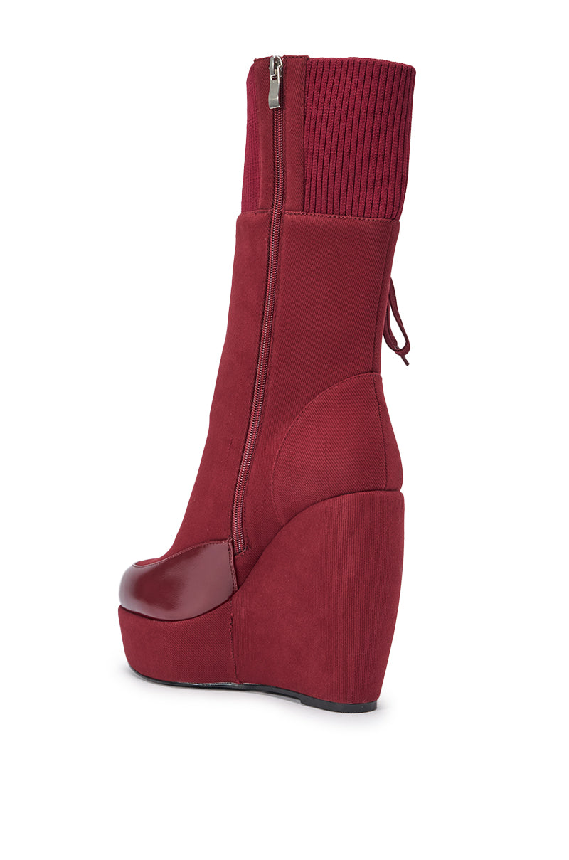 AKIRA GOLD WHATEVER BURGUNDY CANVAS WEDGE BOOTIE