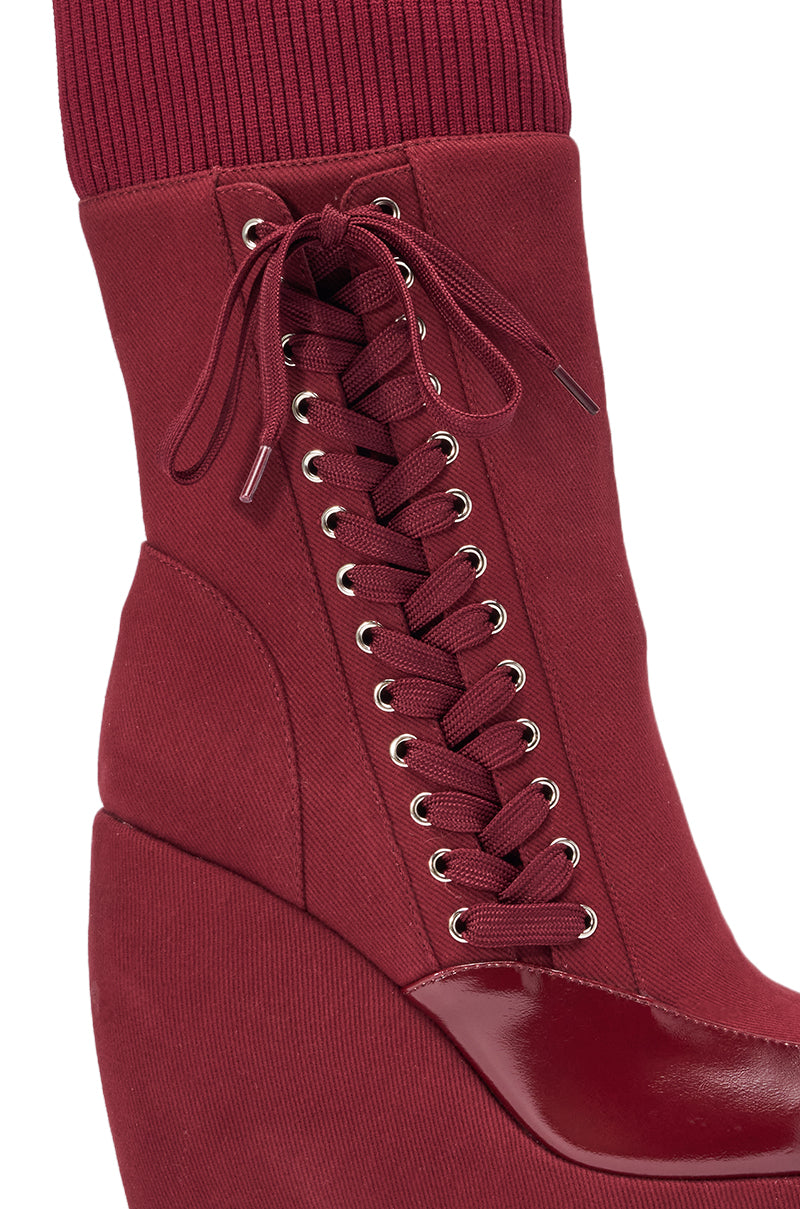 AKIRA GOLD WHATEVER BURGUNDY CANVAS WEDGE BOOTIE