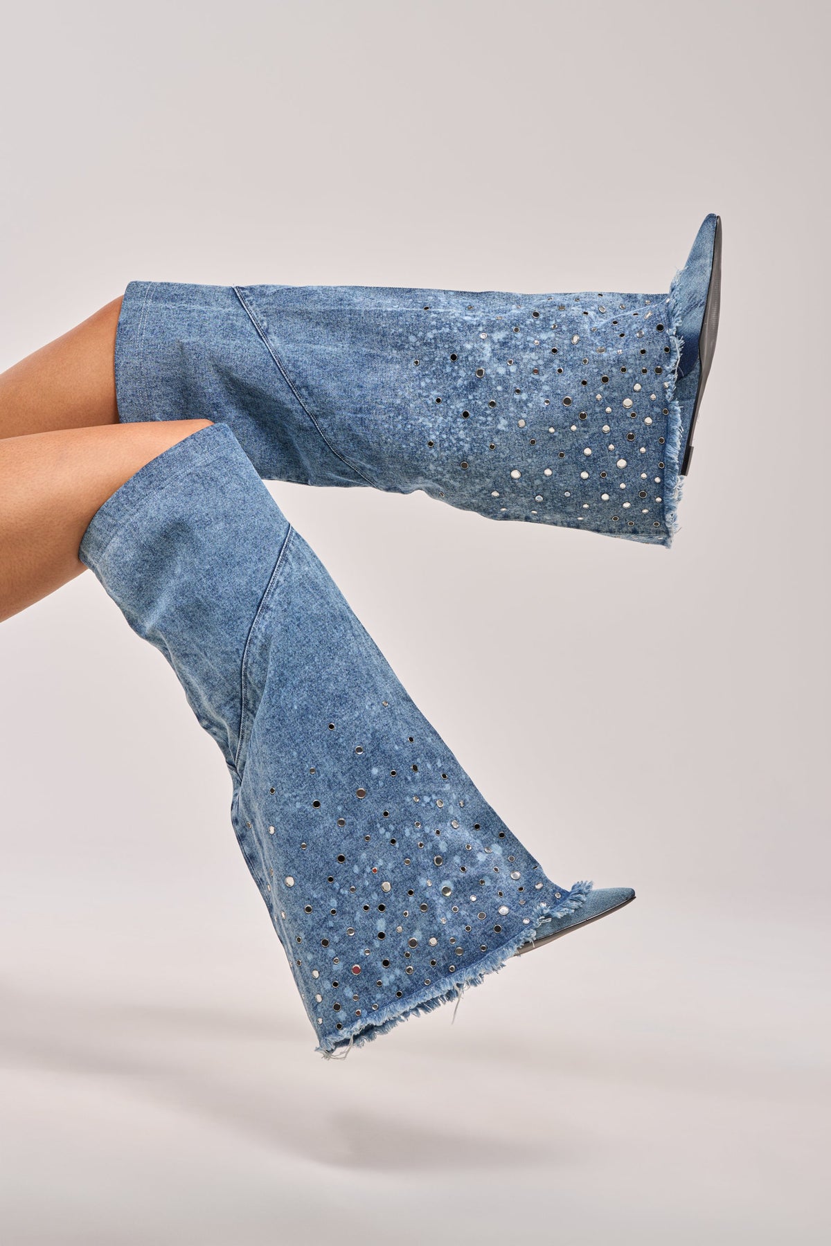 AKIRA WHYNOT DENIM RHINESTONE EMBELLISHED WEDGE BOOT